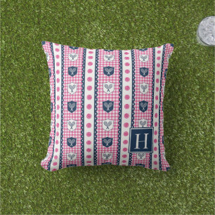 Preppy Tennis Crest Gingham - Hot Pink & Navy Outdoor Pillow