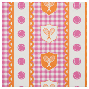 Preppy Tennis Crest Gingham - Hot Pink & Orange Fabric