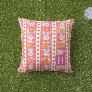 Preppy Tennis Crest Gingham - Hot Pink & Orange Outdoor Pillow