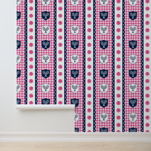 Preppy Tennis Crest Gingham in Hot Pink & Navy Wallpaper