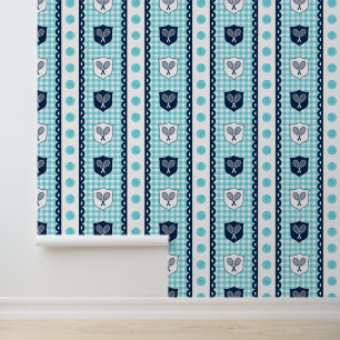 Preppy Tennis Crest Gingham in Turquoise & Navy Wallpaper