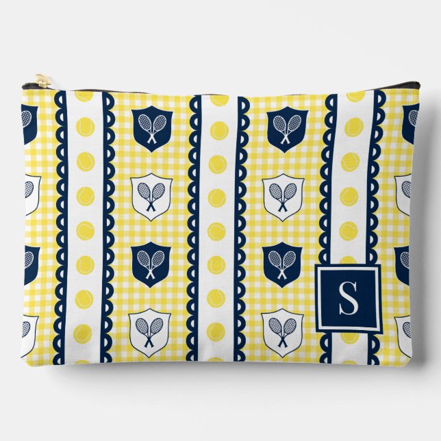 Preppy Tennis Crest Gingham - Yellow & Navy Accessory Pouch (Front)