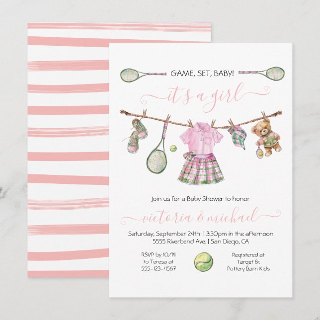 Preppy Tennis Girl Baby Shower Invitation (Front/Back)
