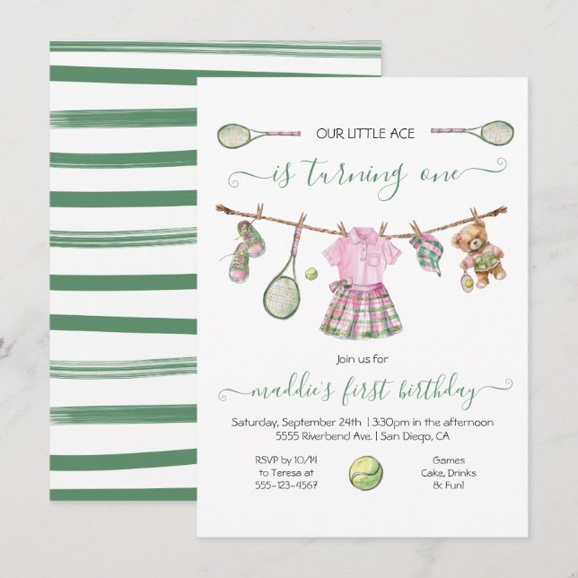 Preppy Tennis Girl Birthday turning one Invitation (Front/Back)