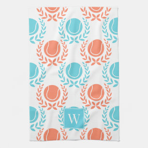 Preppy Tennis Laurel Wreath - Coral & Turquoise Kitchen Towel