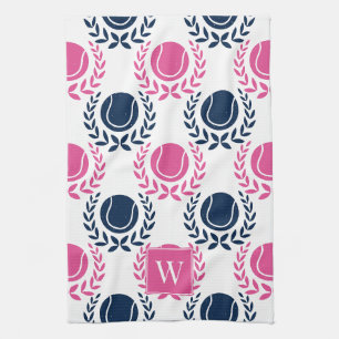 Preppy Tennis Laurel Wreath - Navy & Hot Pink Kitchen Towel