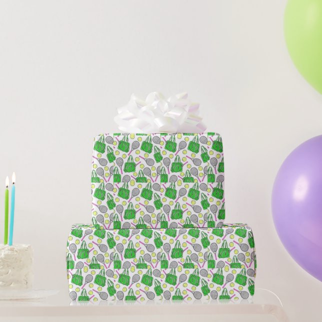 Preppy Tennis Raquets and Balls Green  Wrapping Paper (Party Gifts)