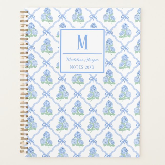 Preppy Trellis Bow Blue & Green Hydrangea Monogram (Devant)