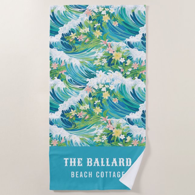 Preppy Tropical Beach Waves | Beach House Beach Towel (Front)