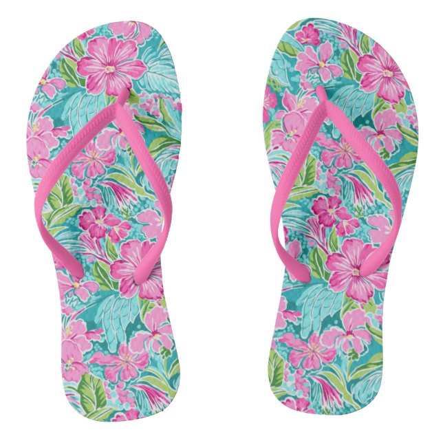 Preppy Tropical Hibiscus Flower  Flip Flops (Footbed)