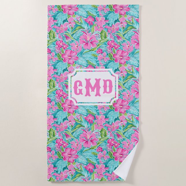 Preppy Tropical Hibiscus Flower | Monogram  Beach Towel (Front)