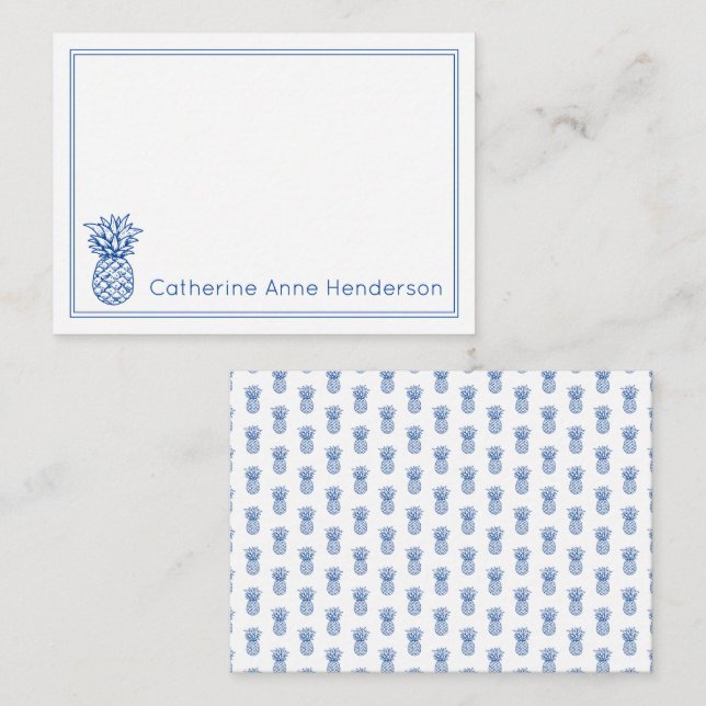 Preppy Tropical Navy Blue Pineapple Personalized Card (Front/Back)