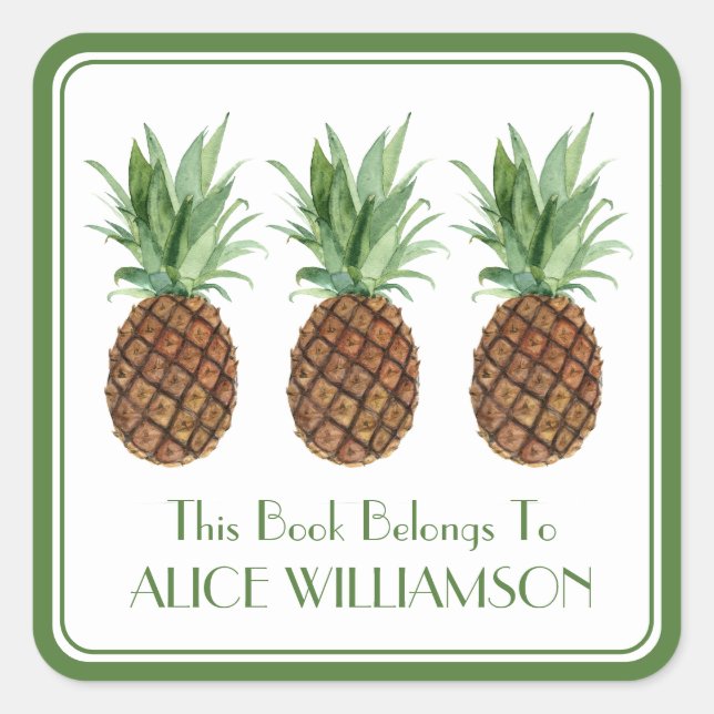 Preppy Tropical Pineapples Personalized Bookplate Square Sticker (Front)
