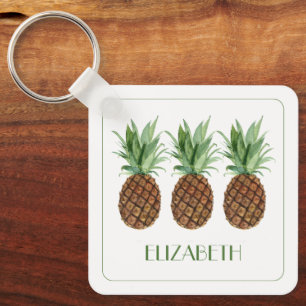 Preppy Tropical Pineapples Personalized Keychain