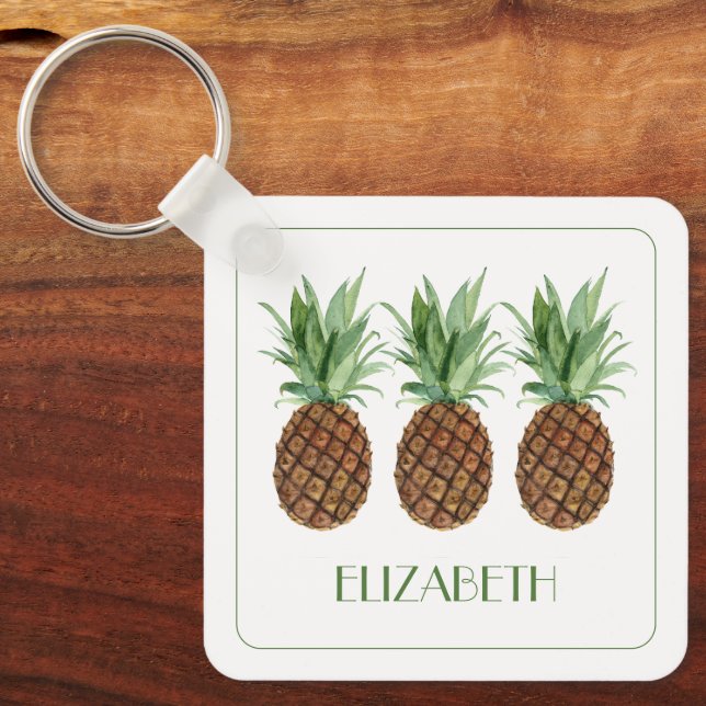 Preppy Tropical Pineapples Personalized Keychain (Front)