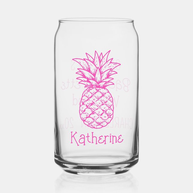 Preppy Tropical Pink Pineapple Personalized Can Glass (Front)