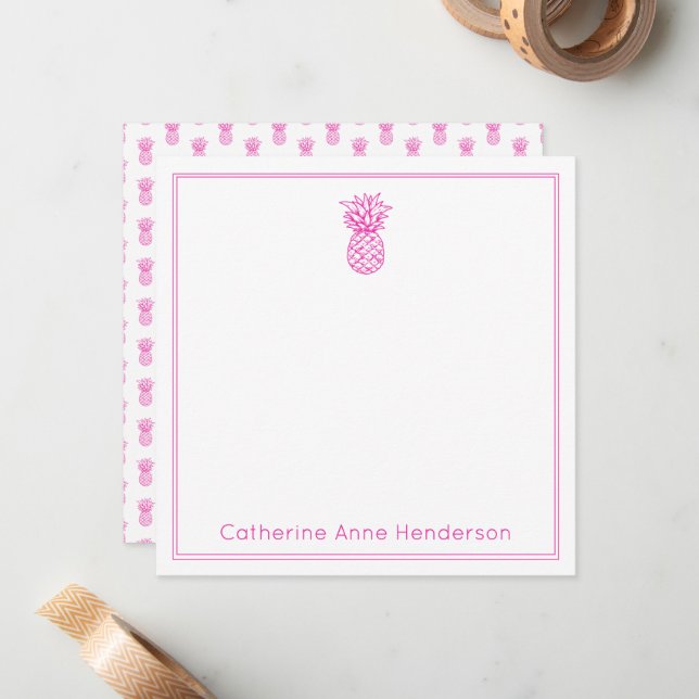 Preppy Tropical Pink Pineapple Personalized Card (Front/Back In Situ)