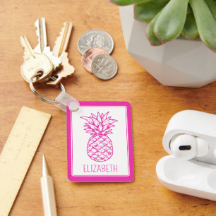 Preppy Tropical Pink Pineapple Personalized Keychain