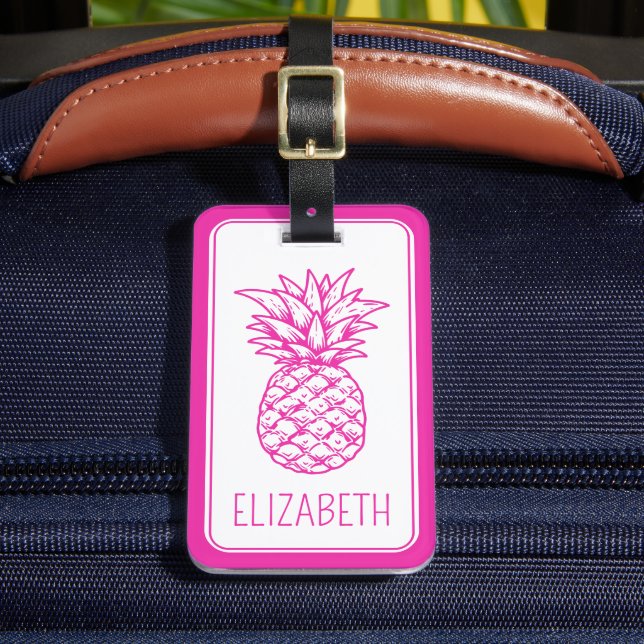 Preppy Tropical Pink Pineapple Personalized Luggage Tag (Front Insitu 2)