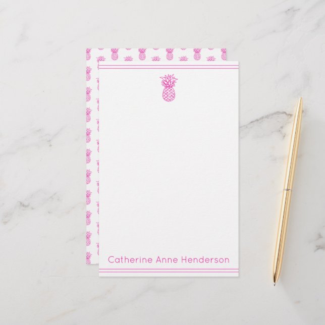 Preppy Tropical Pink Pineapple Personalized Stationery (Front/Back In Situ)