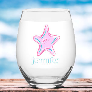 Preppy Tropical Pink Starfish Personalized Stemless Wine Glass