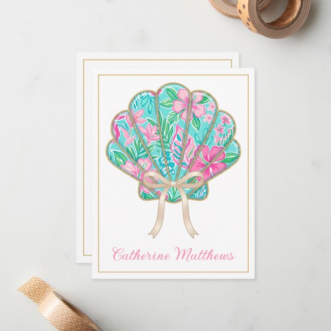 Preppy Tropical Seashell Personalized Card (Front/Back In Situ)