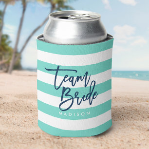 Preppy Turquoise and White Stripes Blue Team Bride Can Cooler