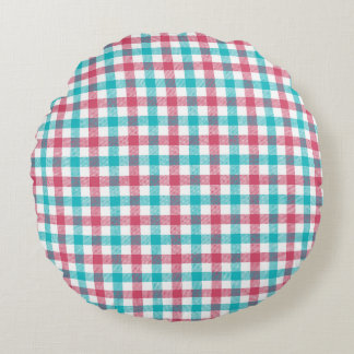 Preppy Turquoise Pink Plaid Checks Seamless Patter Round Pillow