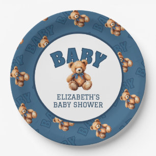 Preppy Varsity Teddy Bear Baby Shower Paper Plate