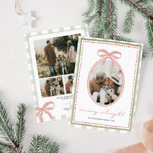 Preppy Vintage Pink Bow Family Photo Christmas Holiday Card