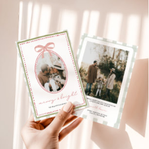 Preppy Vintage Pink Bow Family Photo Christmas Holiday Card