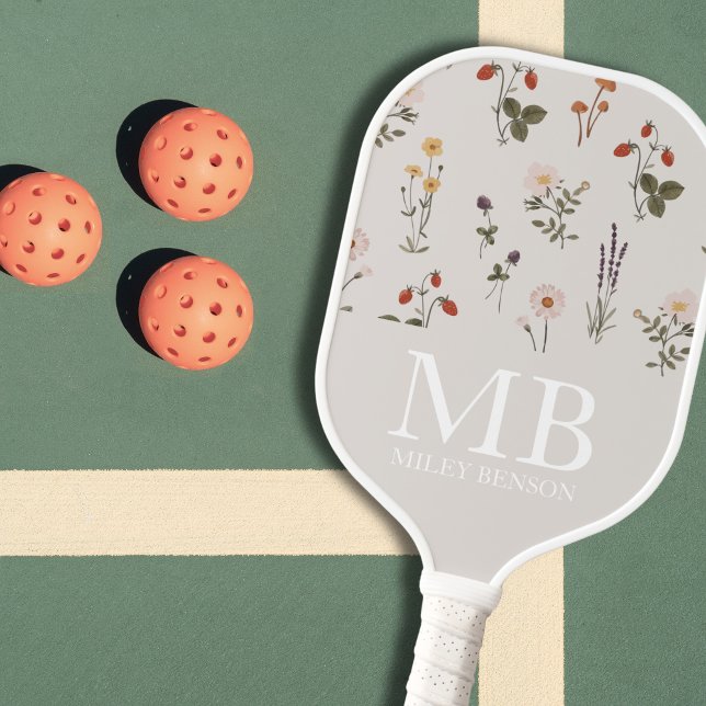 Preppy Vintage Wildflowers Pattern Monogram  Pickleball Paddle (Floral Preppy Wildflowers Monogram Personalized Pickleball Paddle)