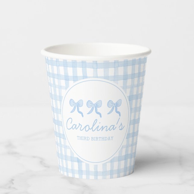 Preppy Watercolor Blue Gingham Personalized Paper Cups (Front)