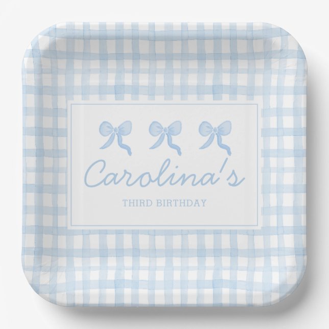 Preppy Watercolor Blue Gingham Personalized Paper Plate (Front)