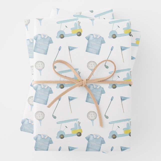 Preppy Watercolor Blue Golf Polo Shirt Wrapping Paper Sheet (In situ)