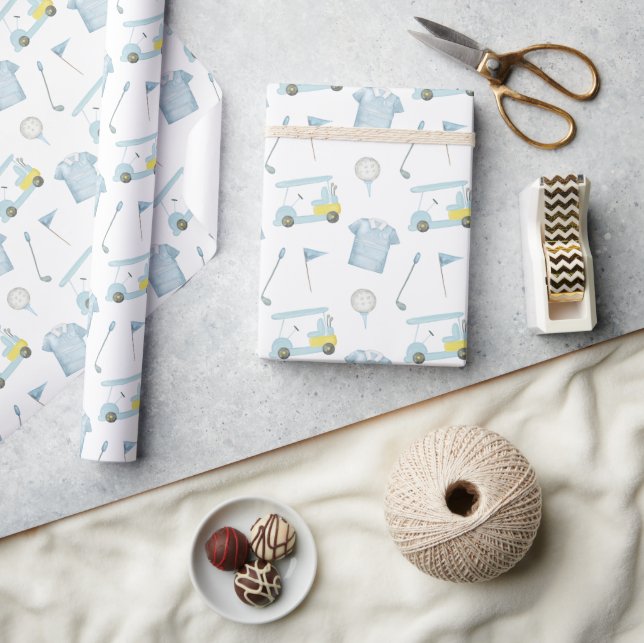 Preppy Watercolor Blue Monogram Golf Polo Shirt Wrapping Paper (Crafts)