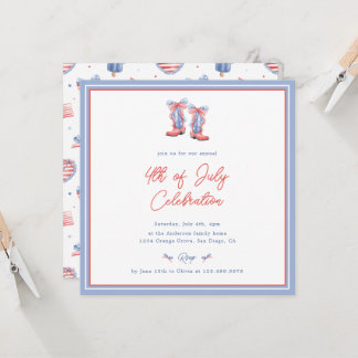 Preppy Watercolor Bows 4th Of July Invitation