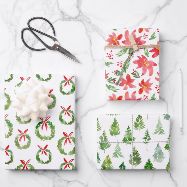 Preppy Watercolor Christmas Wrapping Paper Sheet (Front)