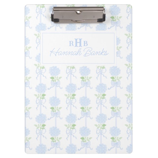 Preppy Watercolor Monogram Hydrangea Bows Clipboard (Front)