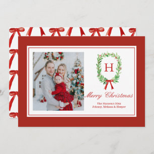 Preppy Watercolor Monogram Wreath Holiday Card