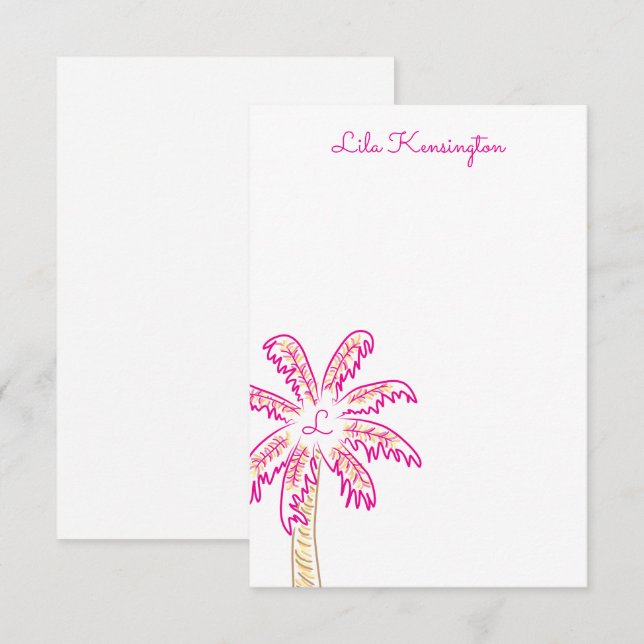 Preppy Watercolor Palm Tree Monogram Note Cards (Front/Back)