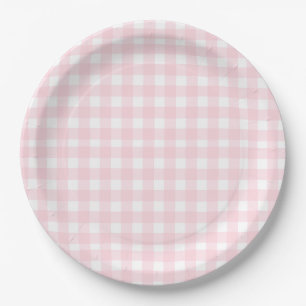 Preppy Watercolor Pink Gingham Plaid Paper Plate