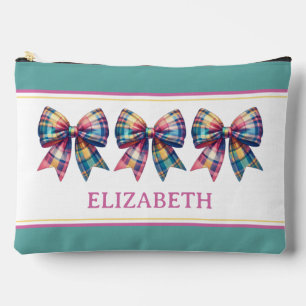 Preppy Watercolor Plaid Bow Personalized Accessory Pouch