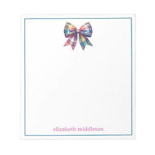Preppy Watercolor Plaid Bow Personalized Notepad
