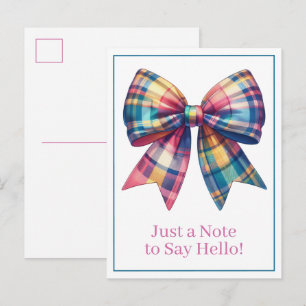 Preppy Watercolor Plaid Bow Personalized Postcard