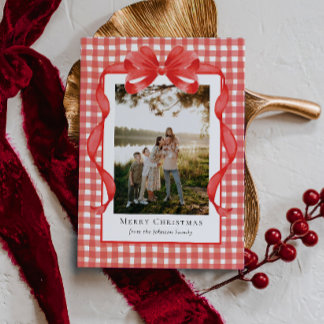 Preppy Watercolor Ribbon Gingham Holiday Card