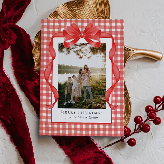Preppy Watercolor Ribbon Gingham Holiday Card (Creator Uploaded)
