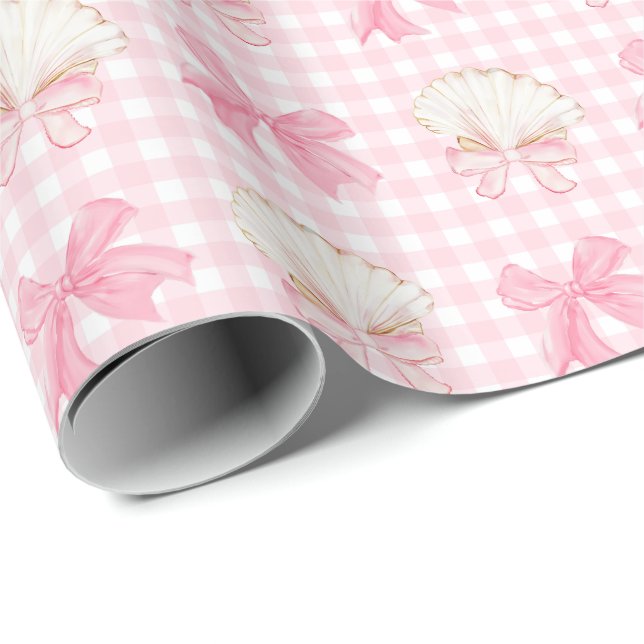 Preppy Watercolor Seashells on Pink Gingham Wrapping Paper (Roll Corner)