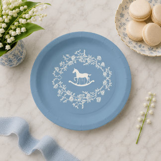 Preppy Wedgewood Blue Rocking Horse Baby Shower Paper Plate