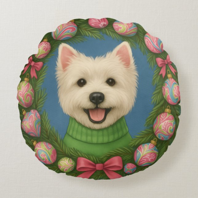 Preppy Westie Round Pillow (Front)